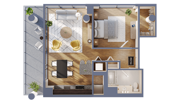 A top-down view of a house layout with a living room, dining area, kitchen, and bedrooms.
