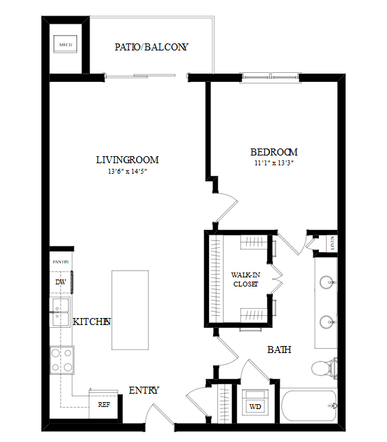 A black and white floor plan of a home with a living room, kitchen, patio, balcony, and bathroom.