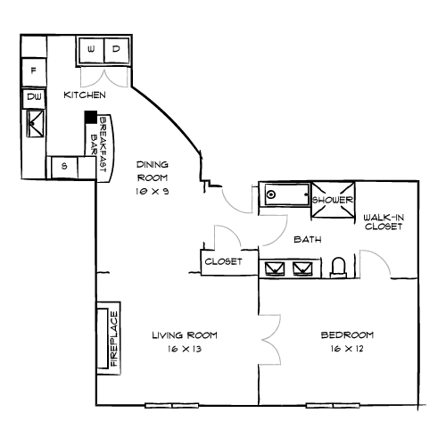A floor plan of a house with a kitchen, dining room, living room, bedroom, bathroom, and walk-in closet.