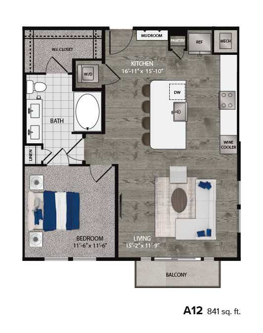 A 841 sq. ft. floor plan of a home with a living room, bedroom, bathroom, and kitchen.
