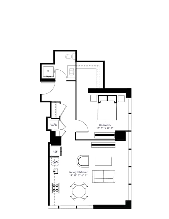A floor plan of a small apartment with a living room, bedroom, and bathroom.