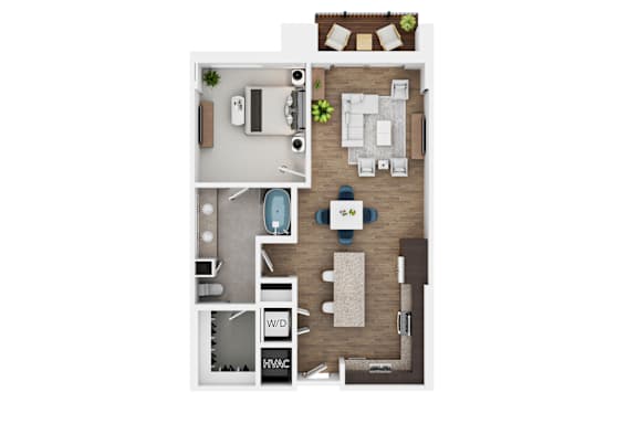 A floor plan of a small apartment with a kitchen, living room, and bathroom.