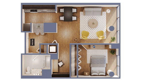 A top-down view of a house layout with a living room, dining area, kitchen, and bedrooms.