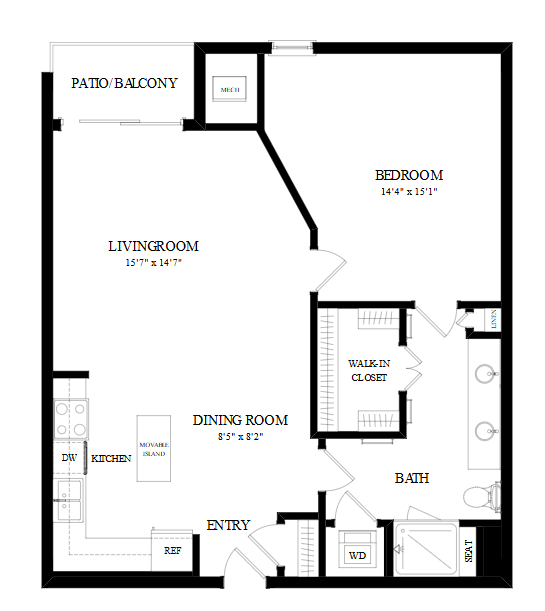 A floor plan of a home with a living room, dining room, kitchen, bath, and bedroom.