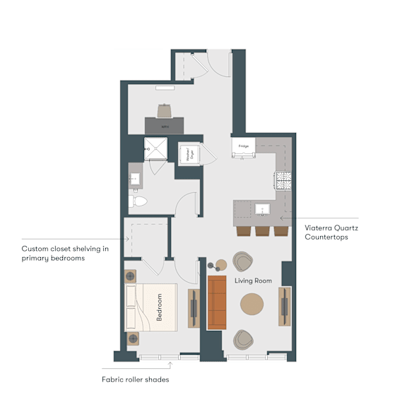 A floor plan of an apartment with a living room, bedrooms, and a kitchen.