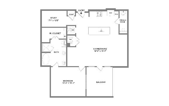 A floor plan of a living/dining room with a study, bathroom, and bedroom.