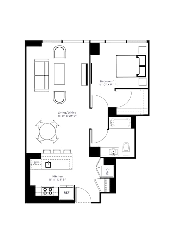 A floor plan of a small apartment with a living area, kitchen, and two bedrooms.