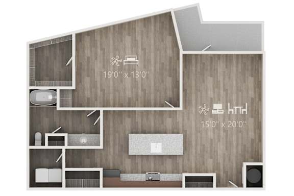 A floor plan of a house with a living room, kitchen, and two bedrooms.