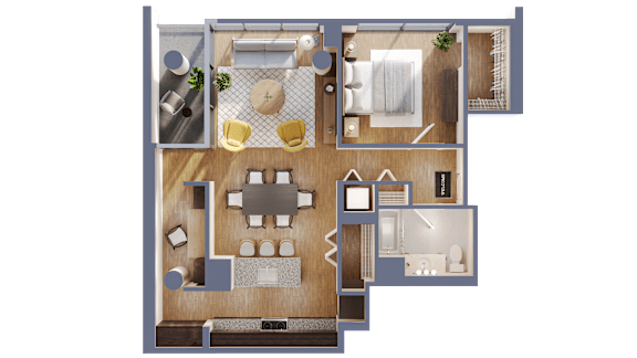 A top-down view of a house layout with a kitchen, living room, and bedrooms.