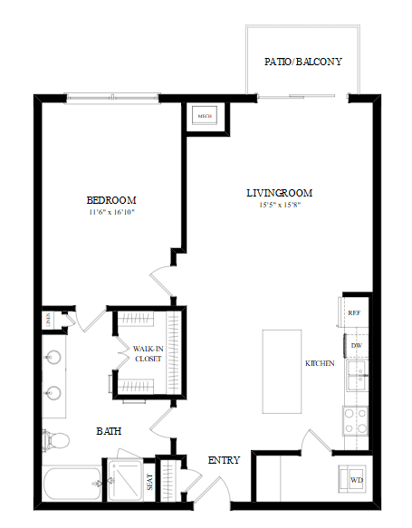 A floor plan of a home with a living room, dining room, kitchen, and bathroom.