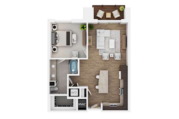 A top-down view of a house layout with a kitchen, living room, dining room, and bathroom.