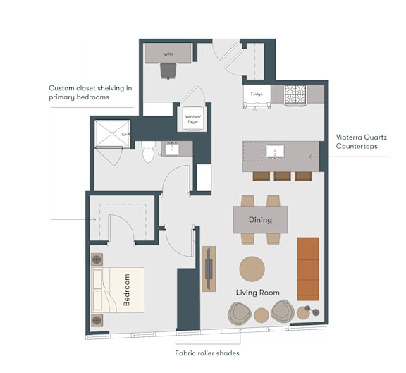 A floor plan of a Viatra Quartz Countertops apartment layout.
