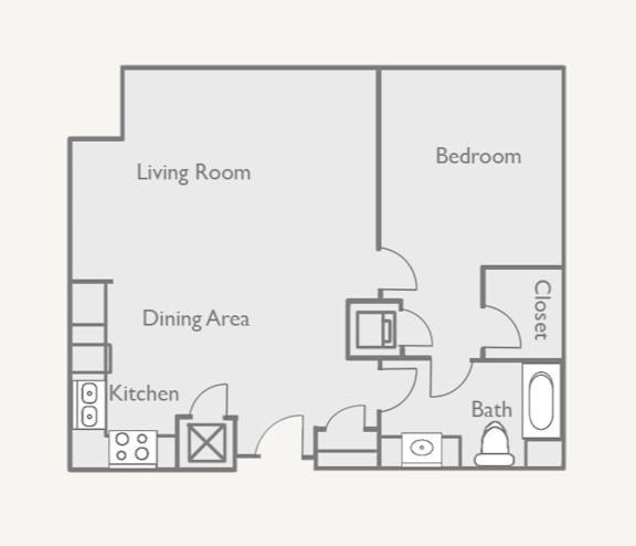 A floor plan of a small apartment with a living room, dining area, kitchen, bedroom, and bathroom.