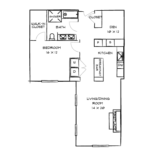 A floor plan of a house with a bedroom, bathroom, kitchen, living room, and closet.