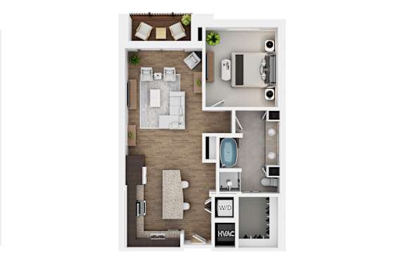 A floor plan of a small apartment with a kitchen, living room, and bathroom.