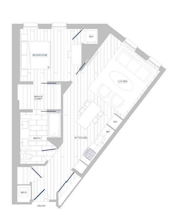 A floor plan of a house with a bedroom, bathroom, kitchen, living room, and dining room.