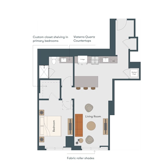 A floor plan of a room with a living room, two bedrooms, a kitchen, and a dining area.