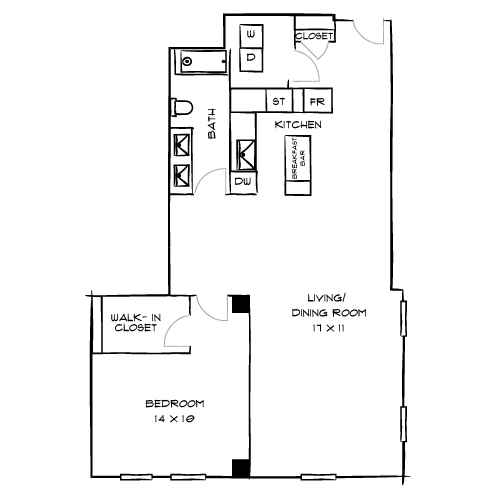 A floor plan of a house with a living room, dining room, kitchen, and bedrooms.