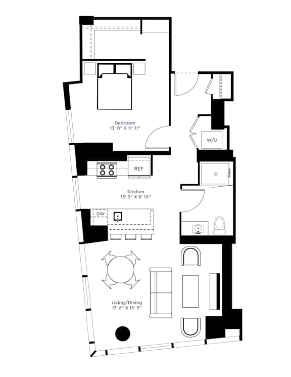 A floor plan of a house with a bedroom, a kitchen, a living/dining area, and a bathroom.