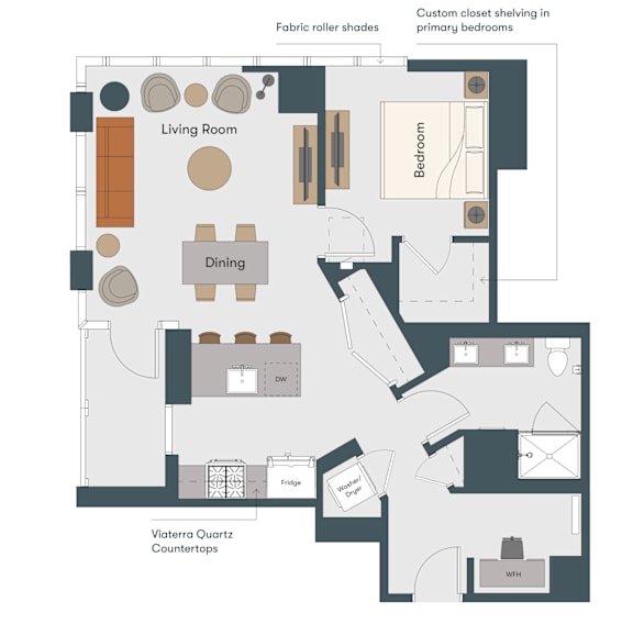 A floor plan of a home showing the layout of the living room, dining room, kitchen, and bedrooms.