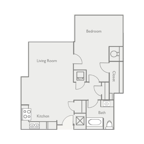 an illustration of a 1 bedroom floor plan with furniture and