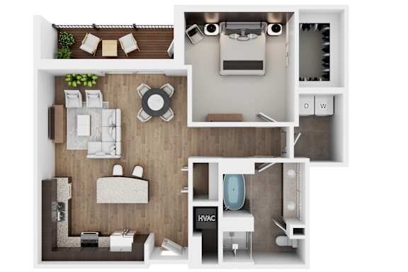 A top-down view of a small apartment layout with a kitchen, living room, and bathroom.