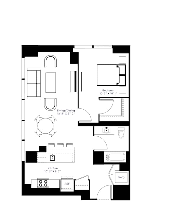 A floor plan of a small apartment with a kitchen, living room, and bedroom.