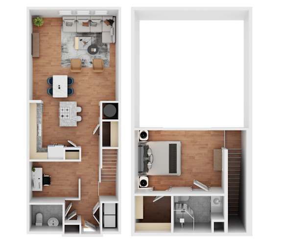 A floor plan of a two-story apartment with a living room, kitchen, and bedrooms.