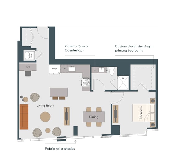 A diagram of a house layout with a living room, dining area, and bedrooms.