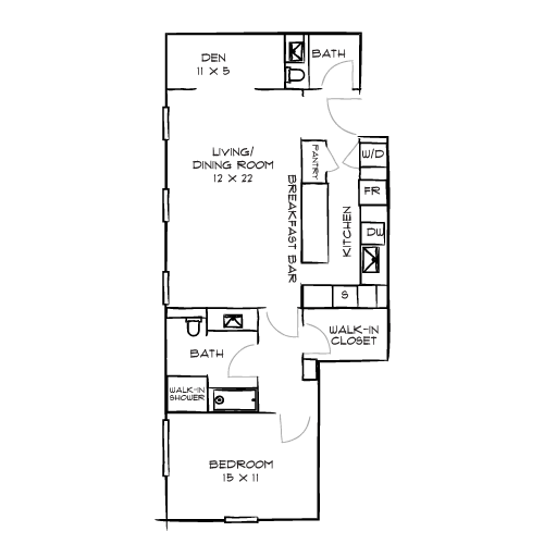 A floor plan of a house with a den, dining room, kitchen, living room, and two bathrooms.