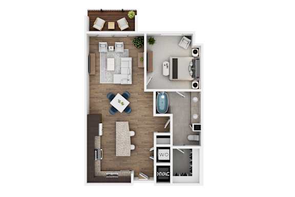 A top-down view of a room with a kitchen, living room, and bathroom.