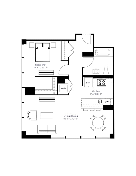 A black and white image of a floor plan for a small apartment.