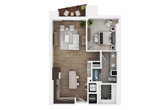 A floor plan of a small apartment with a kitchen, living room, and bathroom.