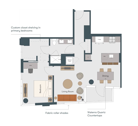 A floor plan of a room with a living room, dining area, kitchen, and two bathrooms.