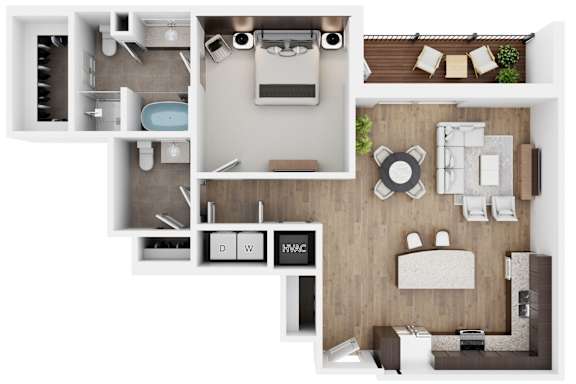 A top-down view of a modern bathroom and living room layout.