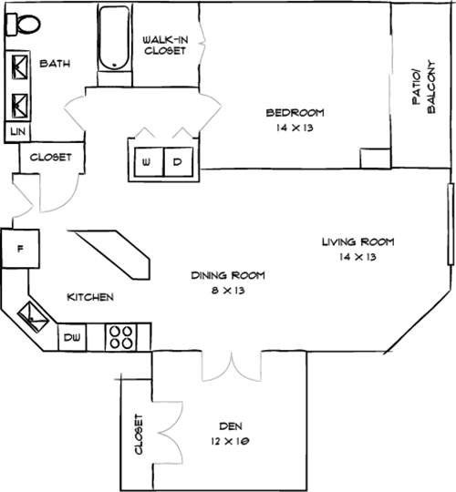 A floor plan of a house with a living room, dining room, kitchen, and bathroom.