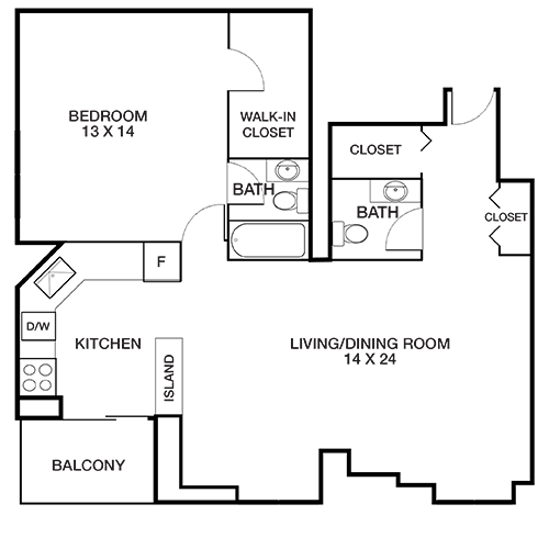 A floor plan of a home showing a bedroom, kitchen, living/dining room, and balcony.