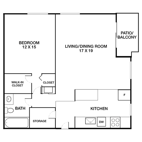 A floor plan of a room with a bedroom, living/dining room, kitchen, bath, and closet.