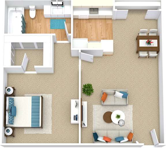 A top down view of a living room, dining room, kitchen, and bathroom.