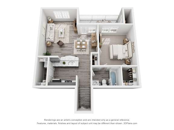 A 3D floor plan of a house with a kitchen, living room, dining room, and bathrooms.