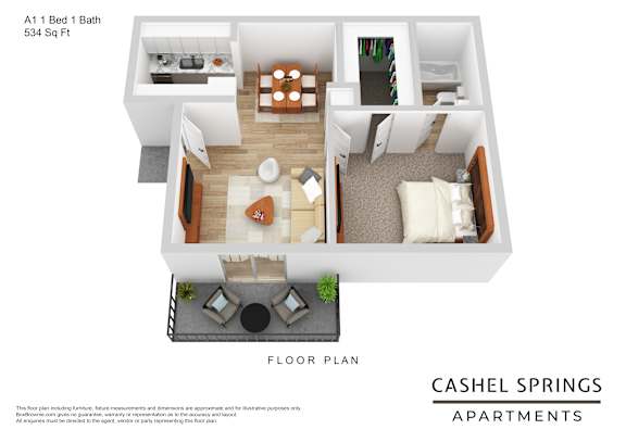 A floor plan for a 534 square foot apartment with one bed and one bath.