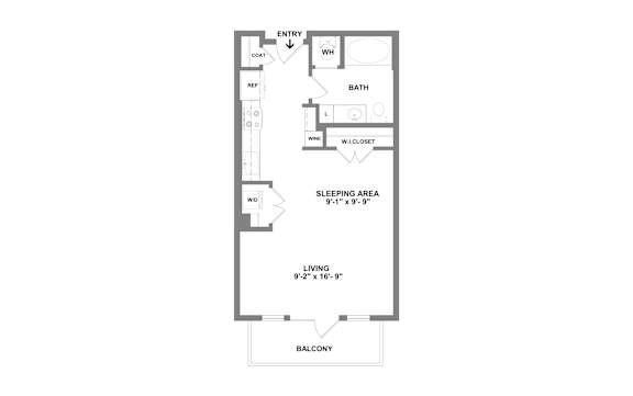 A floor plan of a small apartment with a living area, sleeping area, bathroom, and balcony.