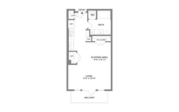 A floor plan of a small apartment with a living room, a sleeping area, a bathroom, and a balcony.