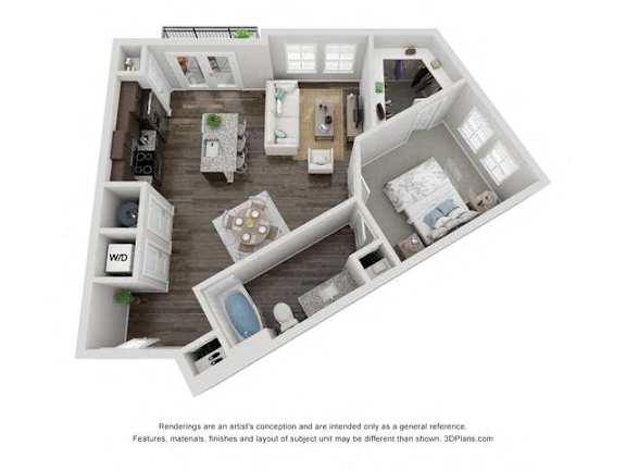 A 3D floor plan of a small apartment with a kitchen, living room, and bedroom.