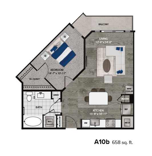 A 10 bedroom house plan with a living room, dining room, kitchen, pantry, bathroom, and wine cooler.