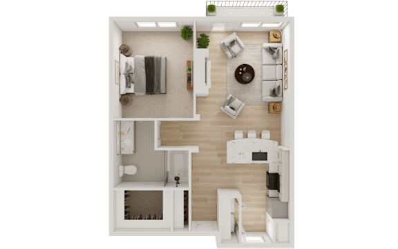 A 3D floor plan of a small apartment with a kitchen, living room, and bathroom.