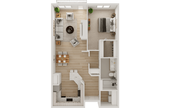 A top-down view of a small apartment with a kitchen, living room, and bathroom.
