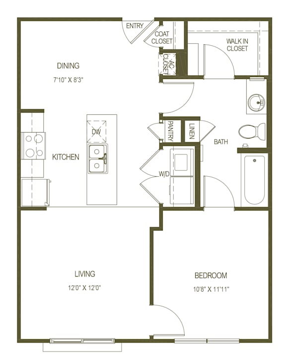 A floor plan of a house with a living room, dining room, kitchen, bathroom, and bedroom.