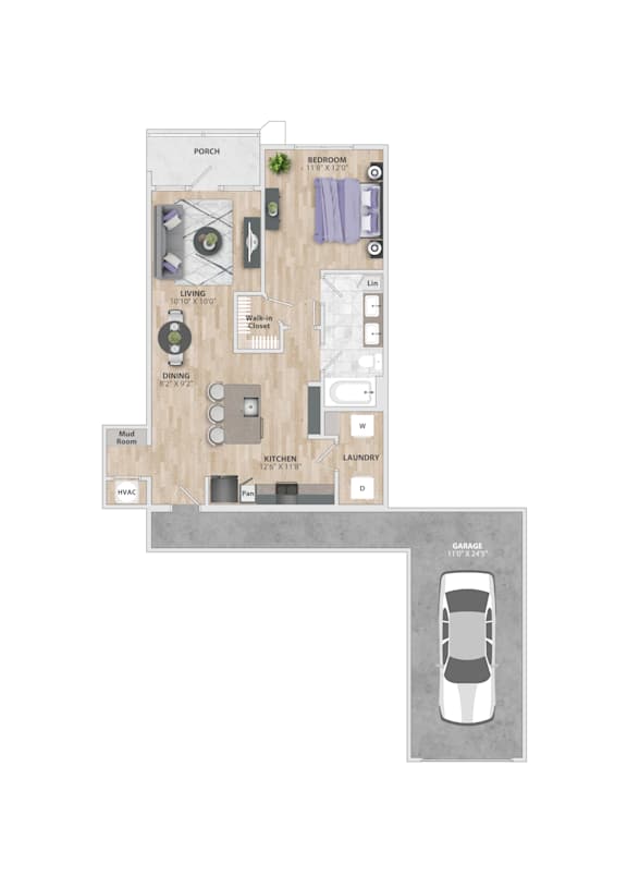 A floor plan of a house with a garage and a car.