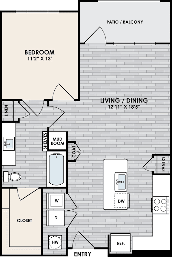 A floor plan of a home with a bedroom, living/dining area, mud room, and closet.
